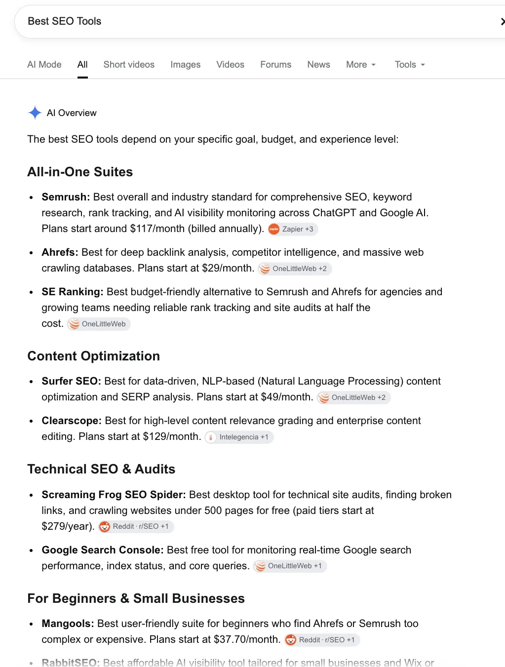 Google AI Overview for best SEO tools, leading with Semrush, Ahrefs and SE Ranking, with Surfer listed under content optimisation and sources from Zapier, OneLittleWeb, Intelegencia and Reddit