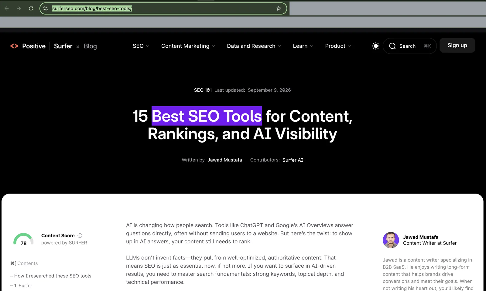 Surfer's 15 best SEO tools guide on surferseo.com, with Surfer listed as the number one tool
