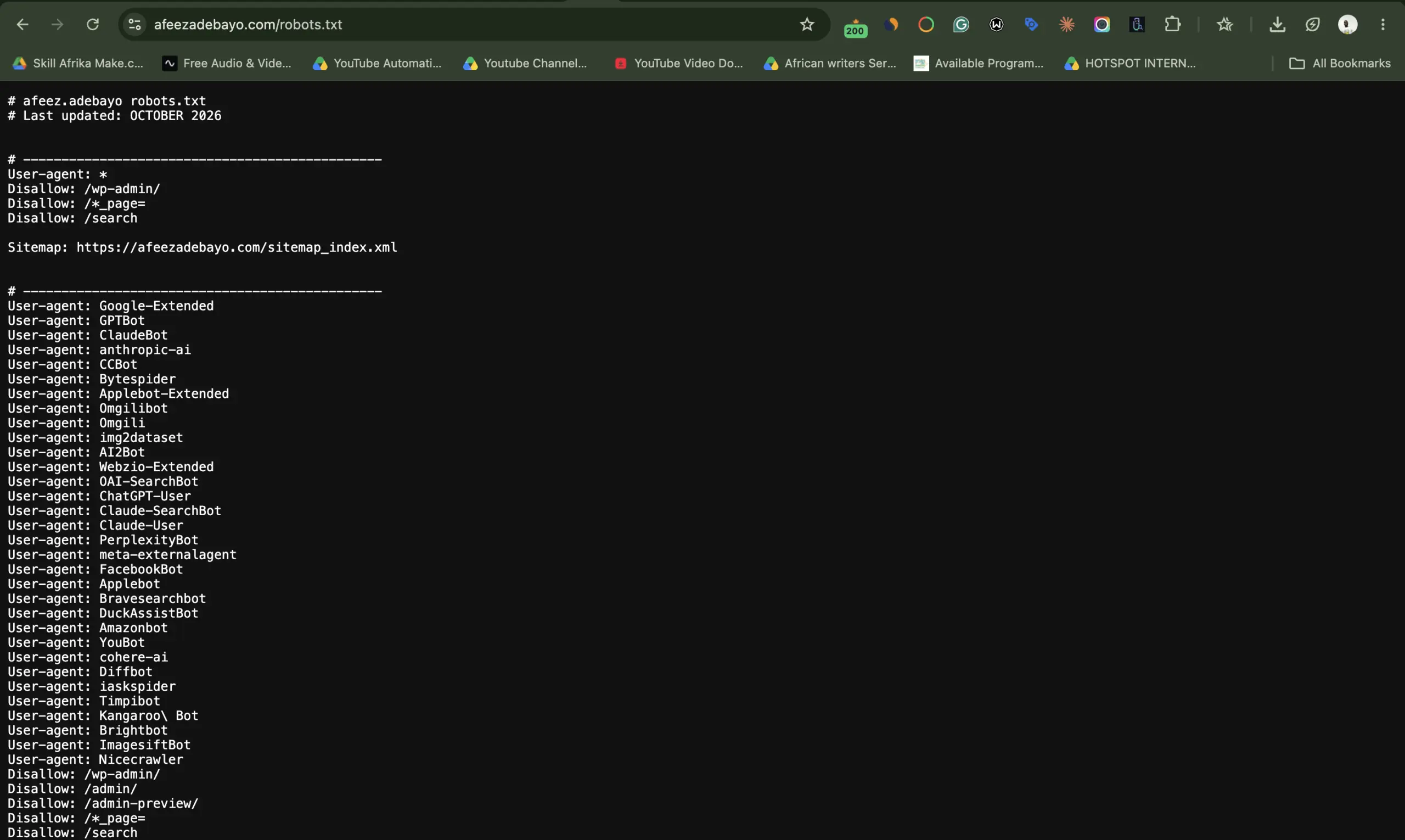 The robots.txt file for afeezadebayo.com, naming live AI fetchers and training crawlers and allowing them everywhere except admin and search pages