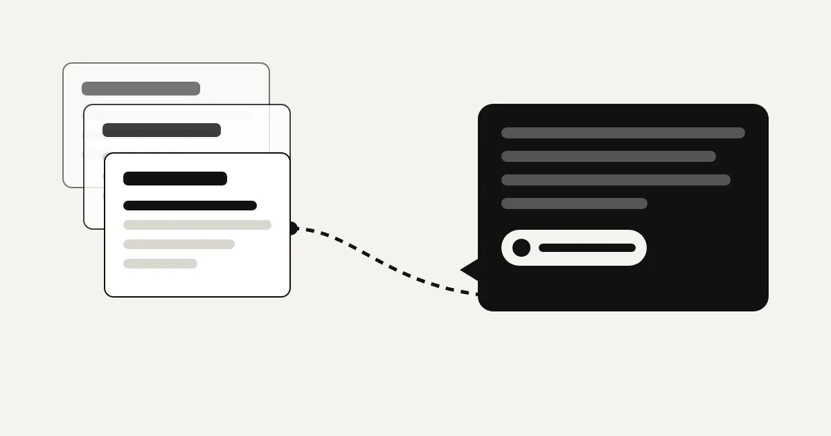 Help centre article cards linked to an AI chat answer with a citation pointing back to the brand's own site