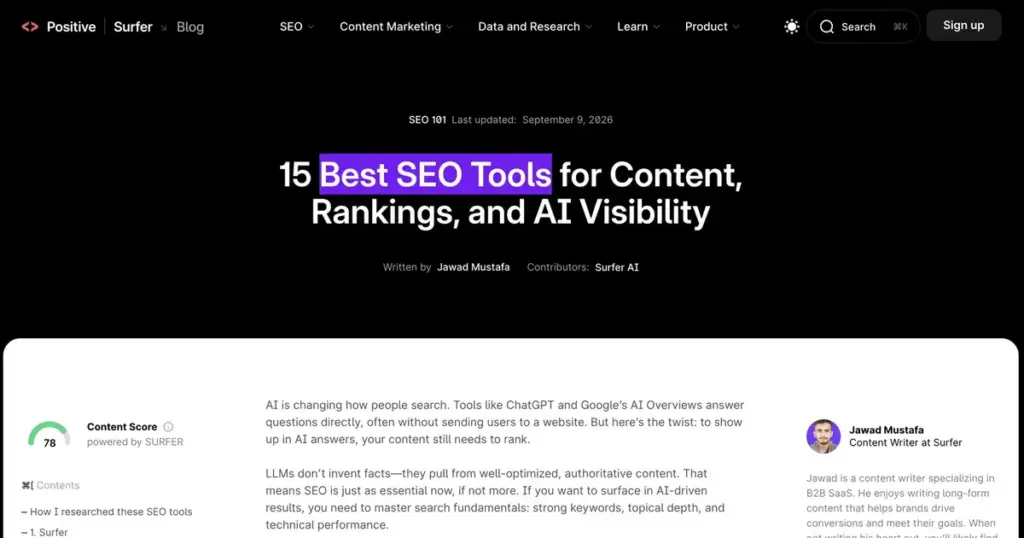 Surfer blog post titled 15 Best SEO Tools for Content, Rankings, and AI Visibility, last updated September 9, 2026