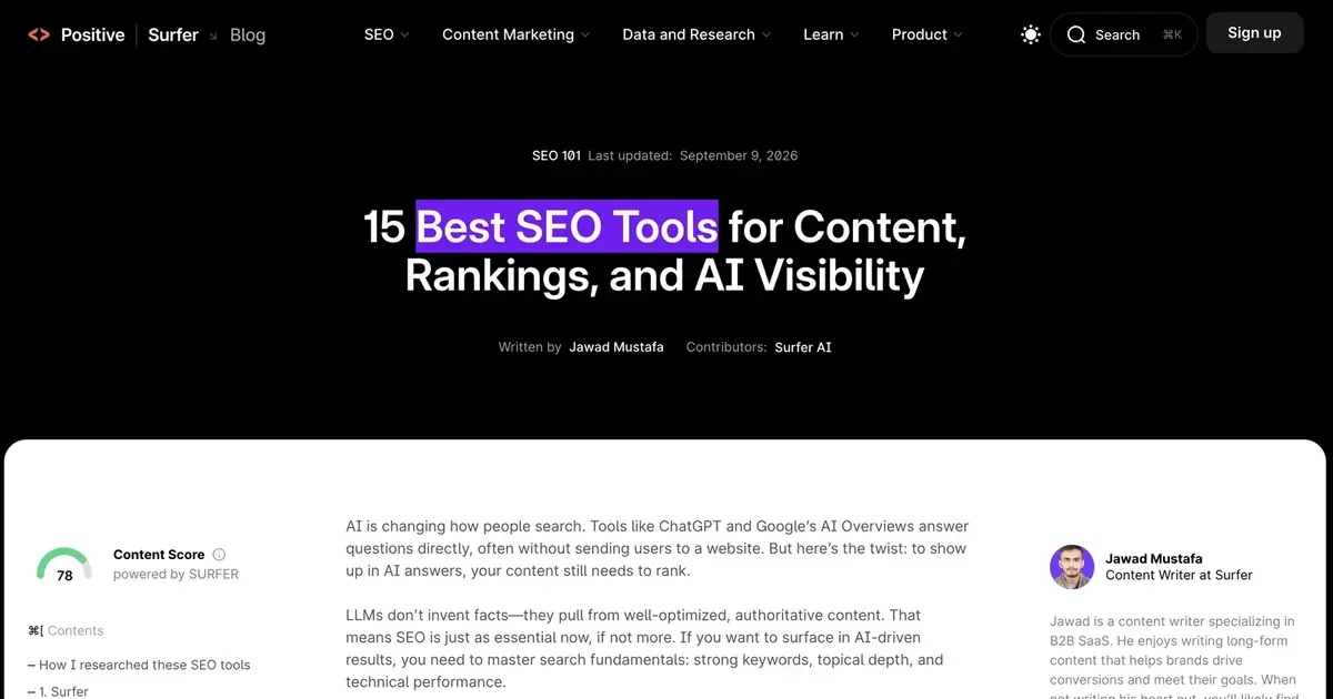 Surfer blog post titled 15 Best SEO Tools for Content, Rankings, and AI Visibility, last updated September 9, 2026
